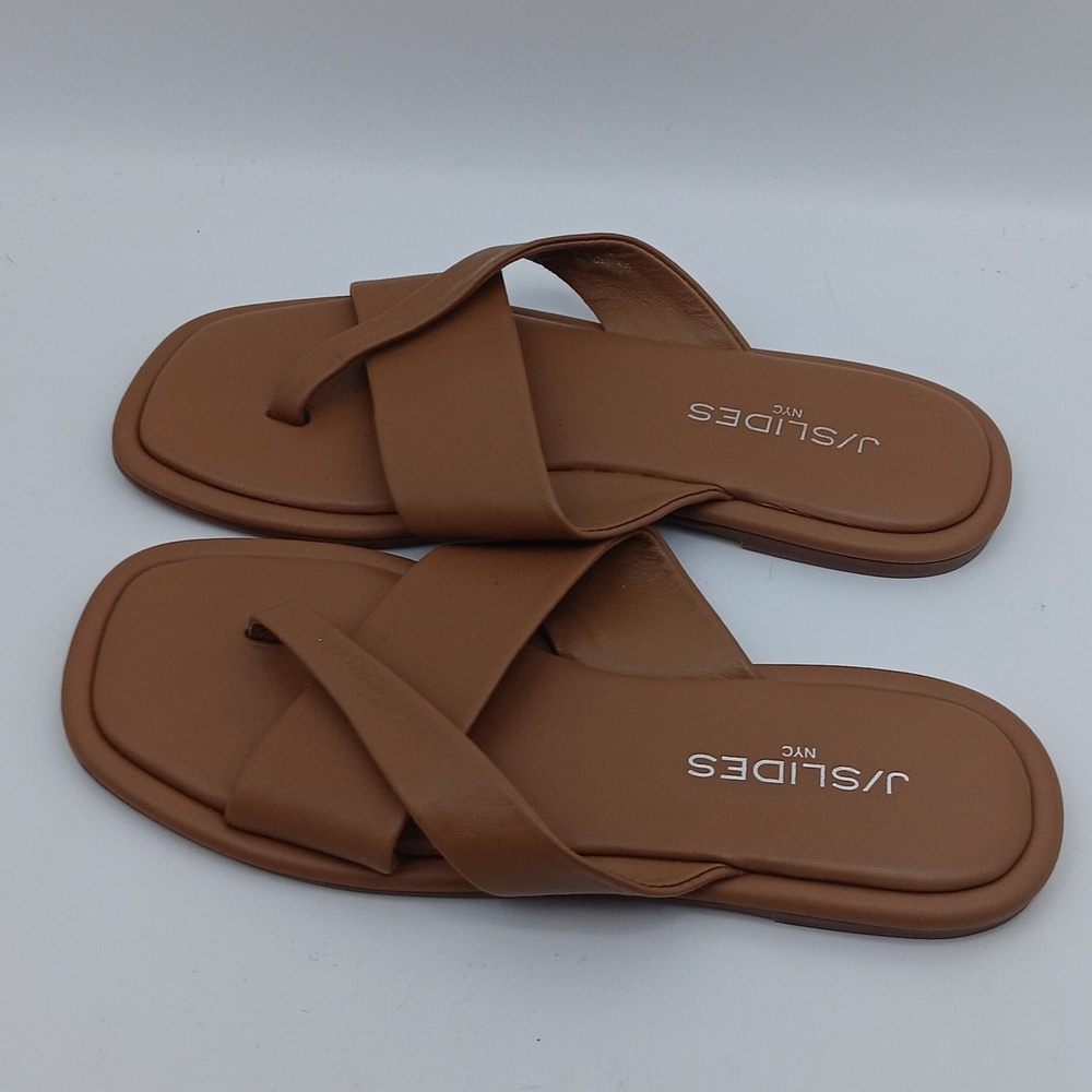 J/SLIDES WOMEN'S BROWN CROSS-STRAP LEATHER SANDALS SIZE 6 - Picture 2 of 4